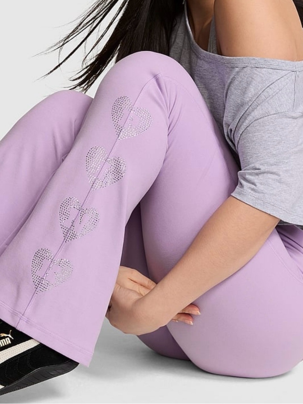 New XL Victoria’s Secret PINK Purple Foldover Flare Leggings Rhinestone Hearts